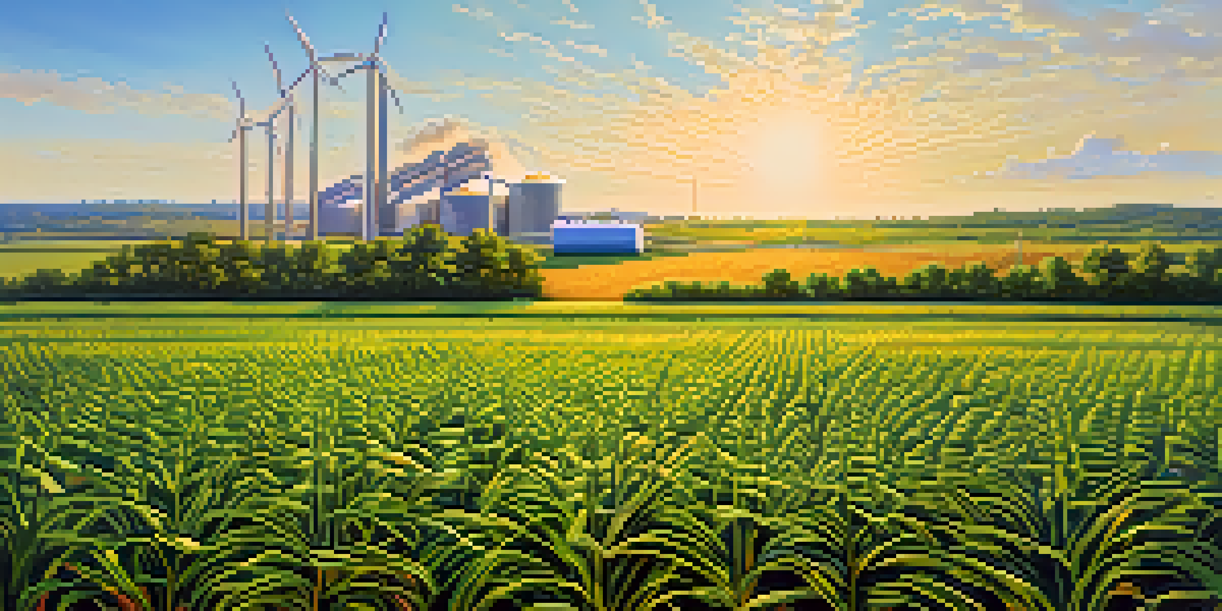 A vibrant green field with various biofuel crops under a clear blue sky, with sunlight illuminating the plants and a biofuel facility in the background.