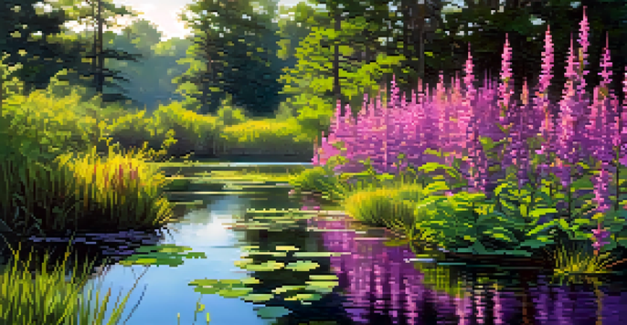 A colorful wetland with blooming purple loosestrife and native plants, sunlight filtering through the leaves, and birds in the background.