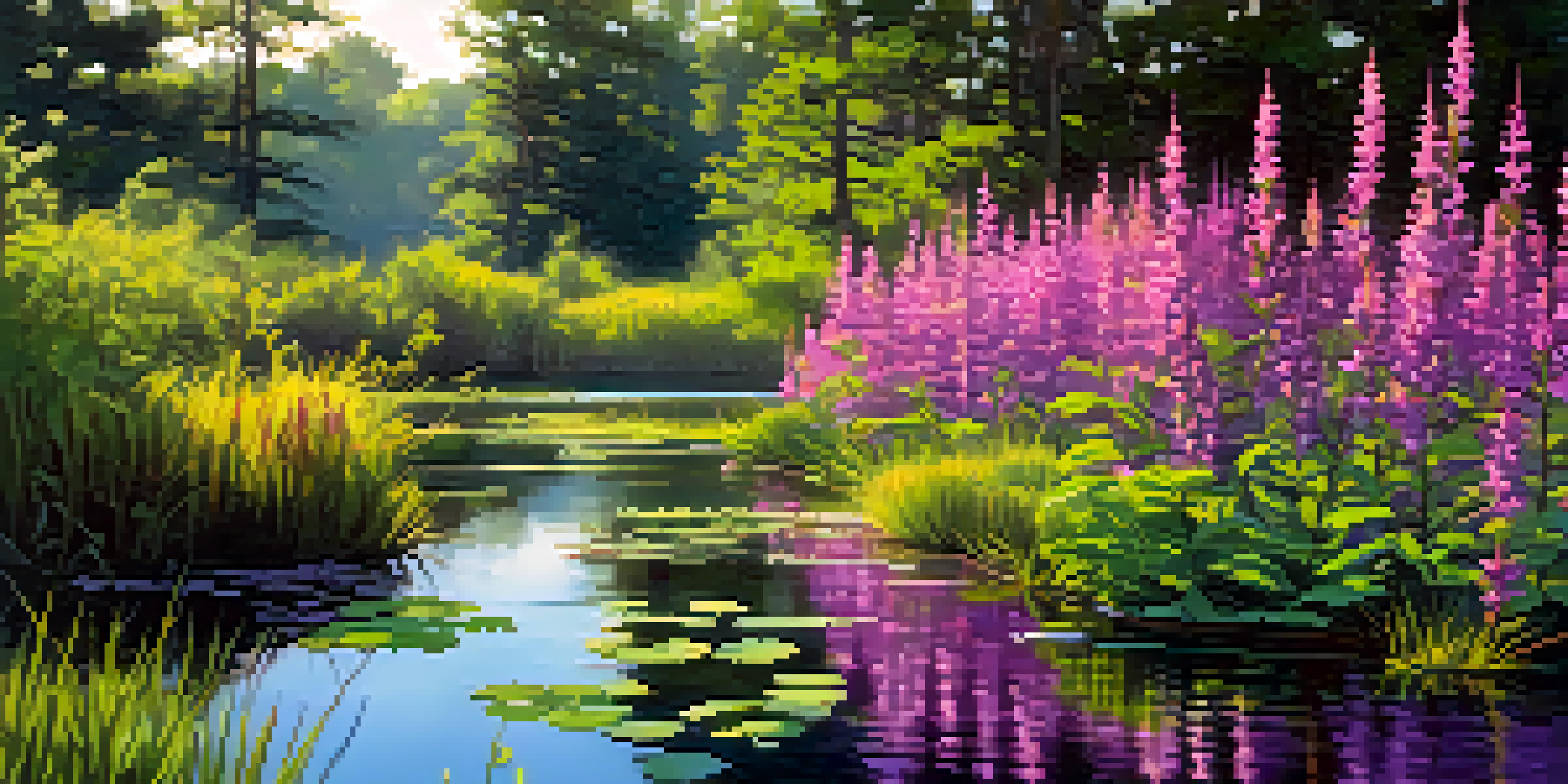 A colorful wetland with blooming purple loosestrife and native plants, sunlight filtering through the leaves, and birds in the background.