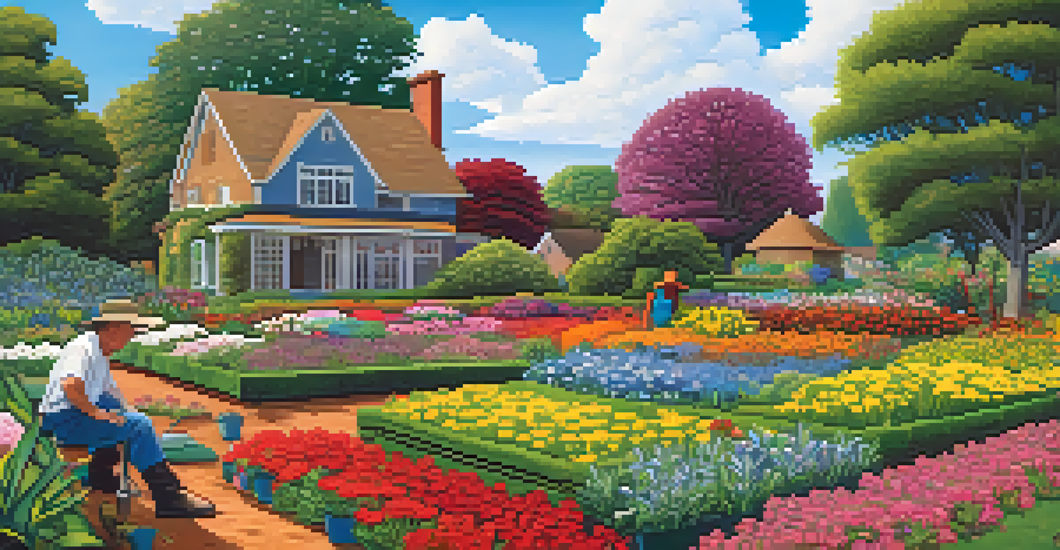 A gardener kneeling in a colorful flower bed in a traditional soil garden, surrounded by lush plants under a clear sky.