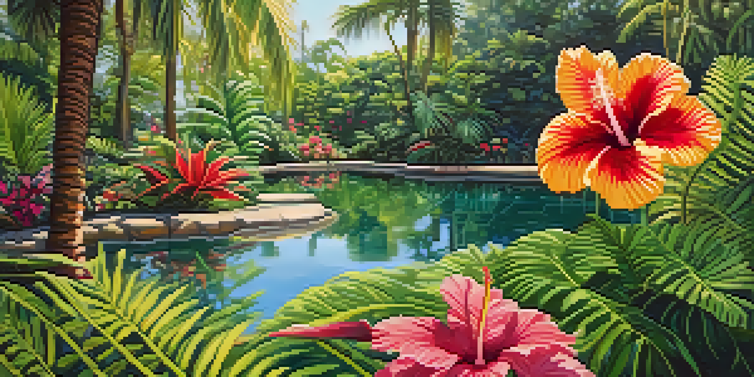 A colorful tropical garden with palm trees, hibiscus flowers, ferns, and a pond reflecting the greenery under filtered sunlight.