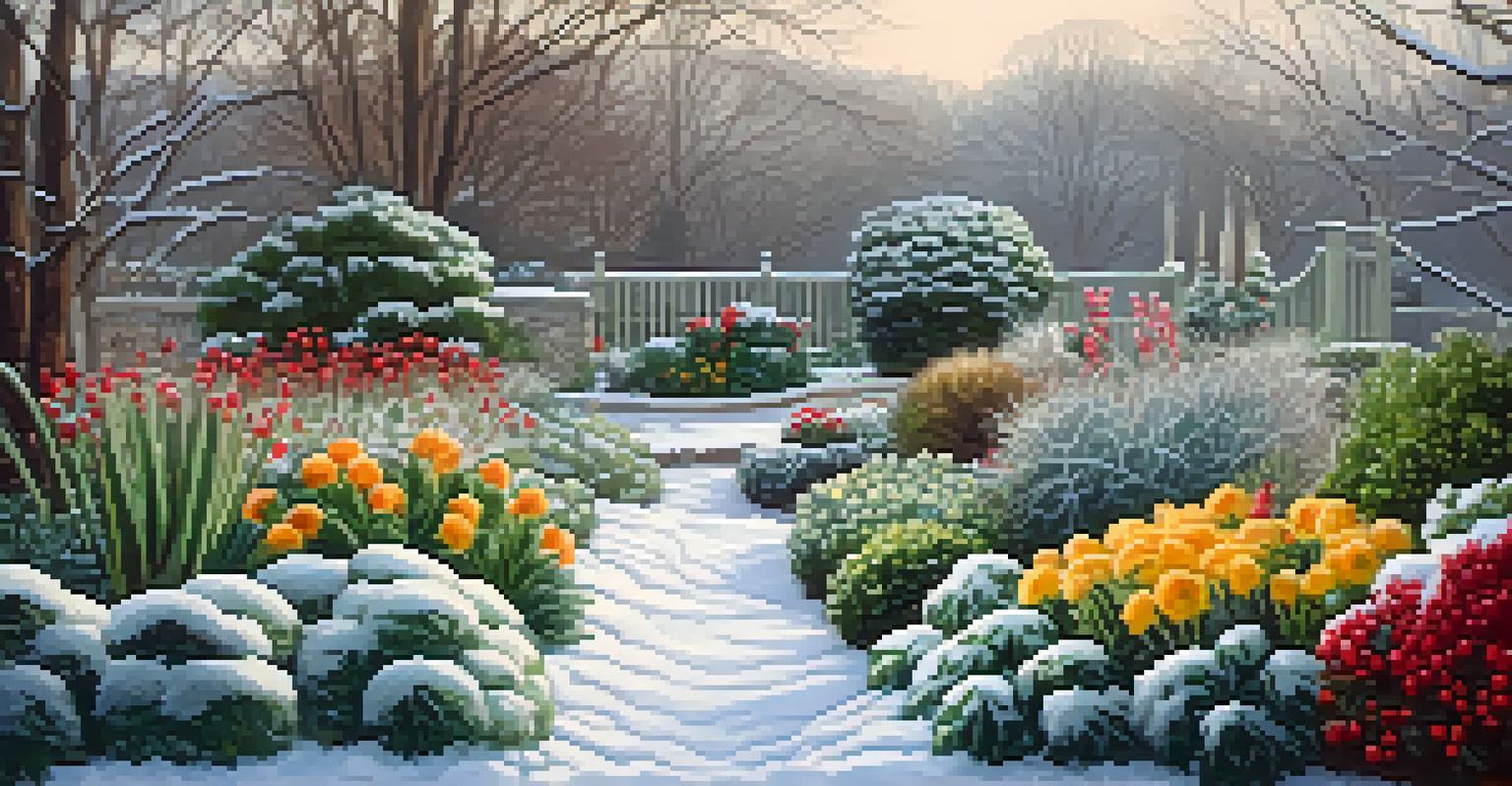 A winter garden with kale and seasonal flowers, lightly dusted with snow, under soft afternoon light.