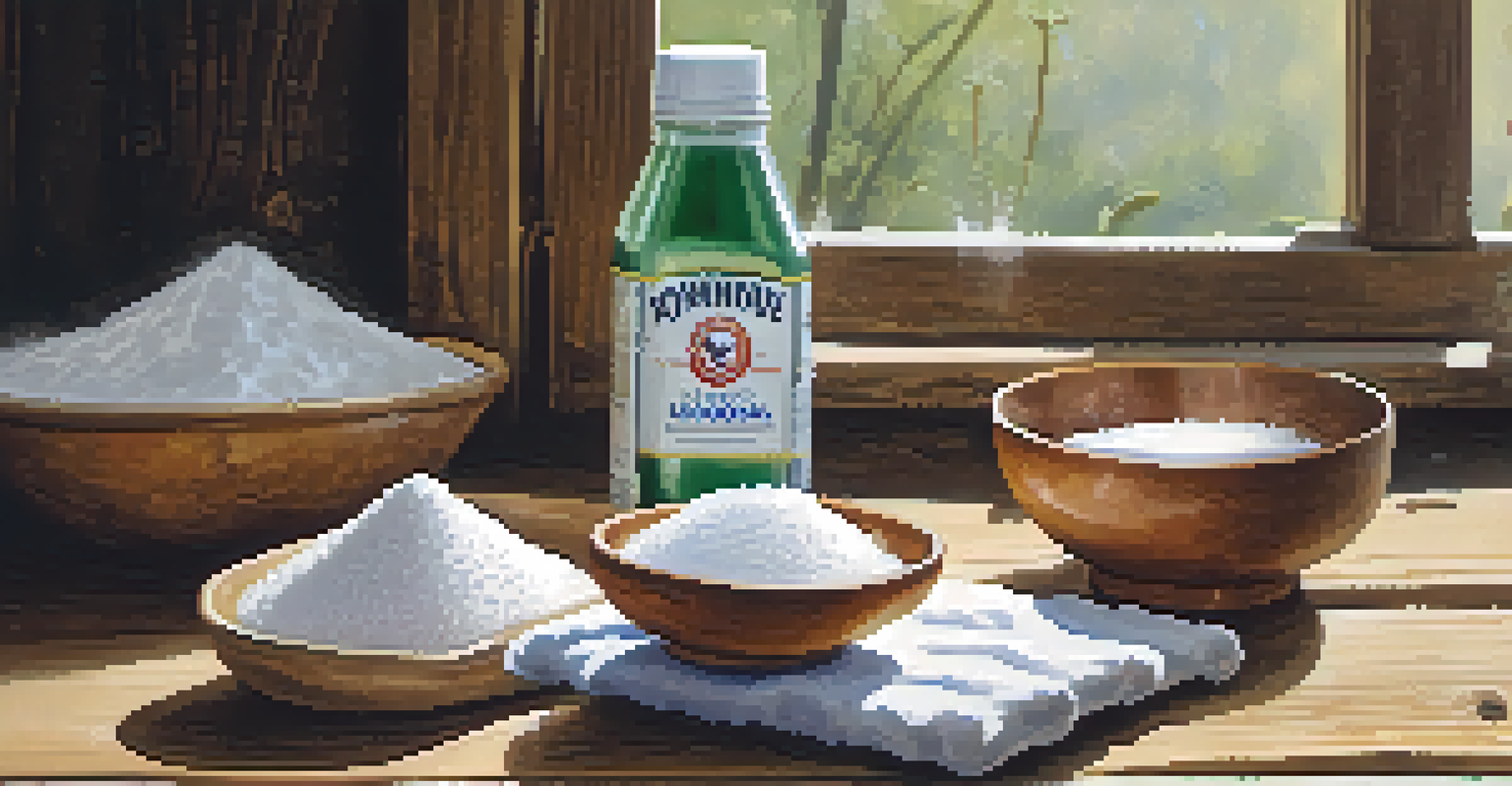 A setup of homemade remedies for powdery mildew, including baking soda, a spray bottle, and milk on a wooden table.