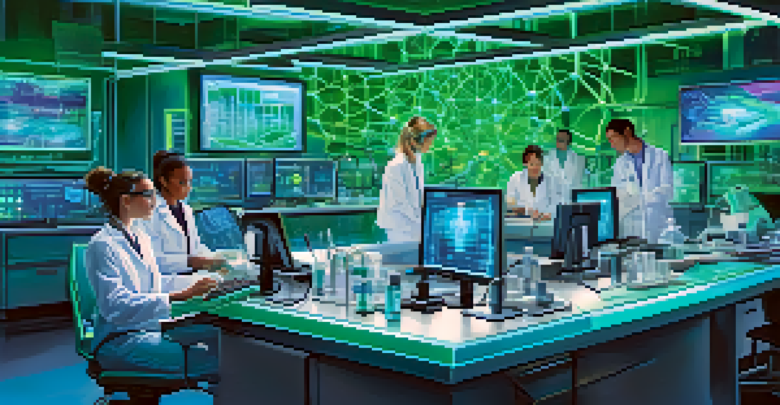 Scientists in a futuristic lab working on CRISPR gene-editing with glowing DNA strands and digital screens.