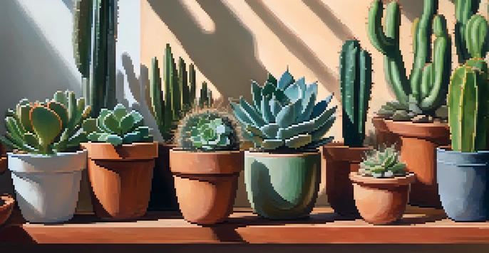 Close-up of diverse cacti and succulents in terracotta pots, highlighting their shapes and textures under soft sunlight.