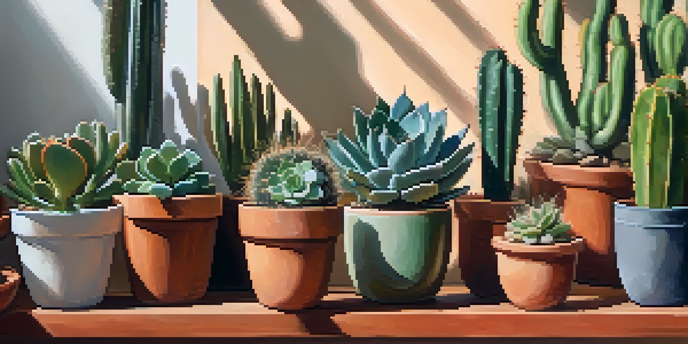 Close-up of diverse cacti and succulents in terracotta pots, highlighting their shapes and textures under soft sunlight.
