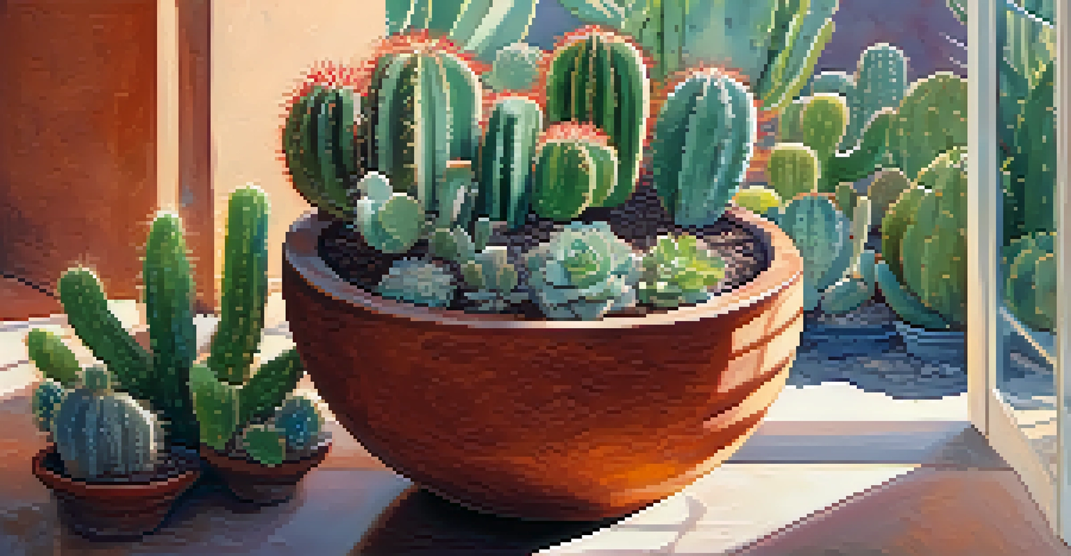 A close-up of a pot containing various cacti and succulents, showcasing their unique shapes and textures in bright sunlight.