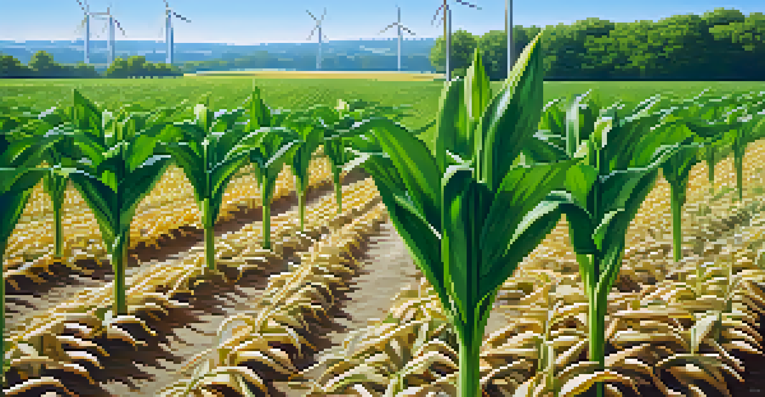 Close-up of healthy genetically modified corn plants in a green field with a wind turbine in the background.