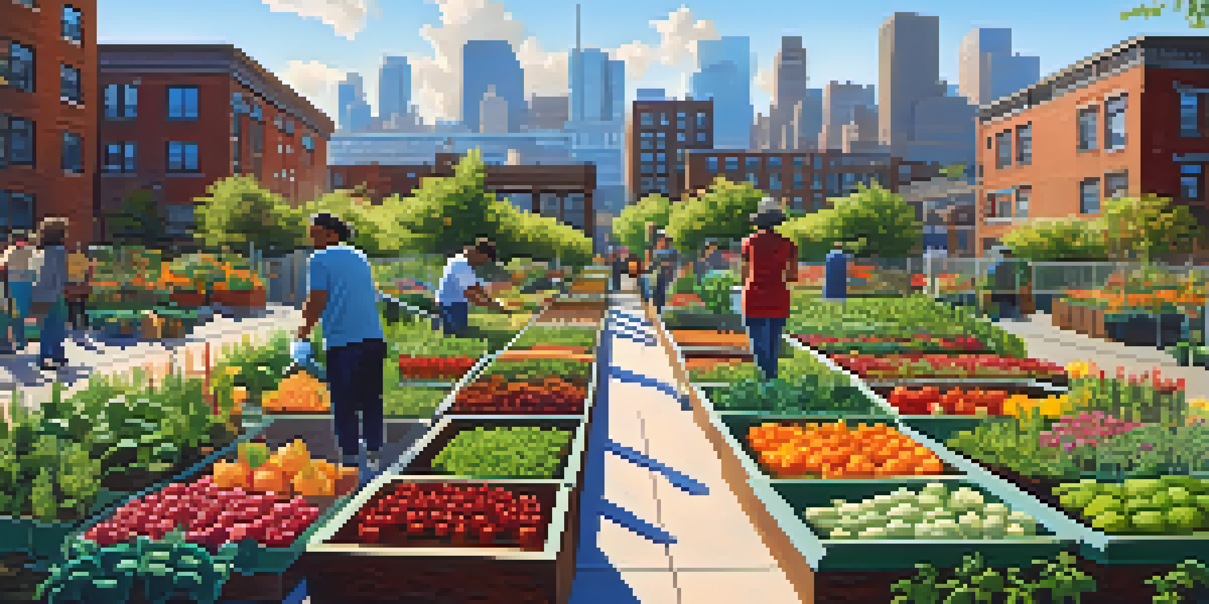 A lively urban community garden with diverse people working among colorful plants and flowers, surrounded by city buildings.