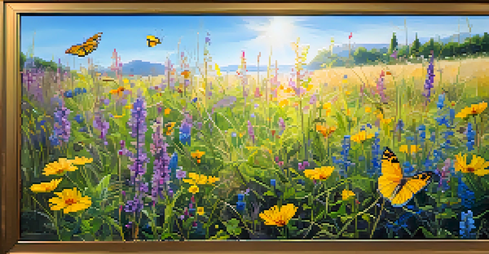 A colorful meadow filled with blooming native wildflowers, featuring butterflies in a sunny environment.