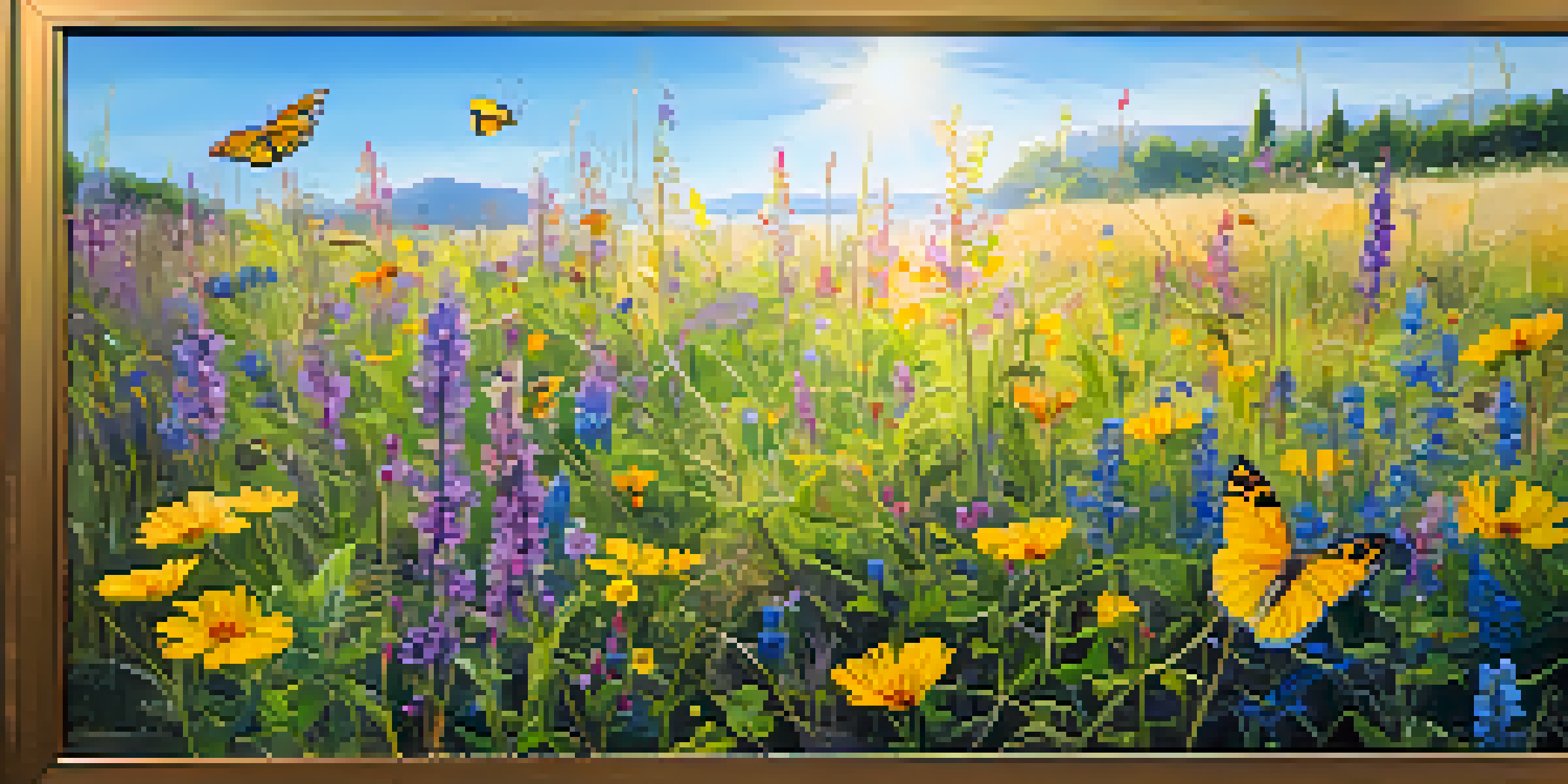 A colorful meadow filled with blooming native wildflowers, featuring butterflies in a sunny environment.