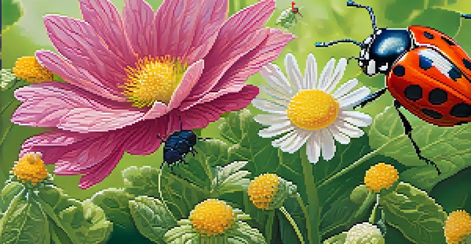 A garden filled with beneficial insects like ladybugs and lacewings among blooming flowers on a sunny day.