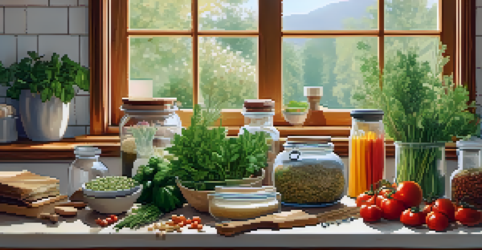 A cozy kitchen scene with ingredients for a plant-based meal on a wooden table.