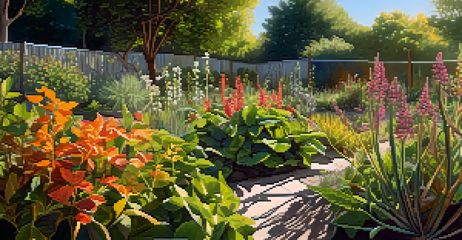 Close-up of various native plants in a community garden, highlighting their textures and colors under filtered sunlight.