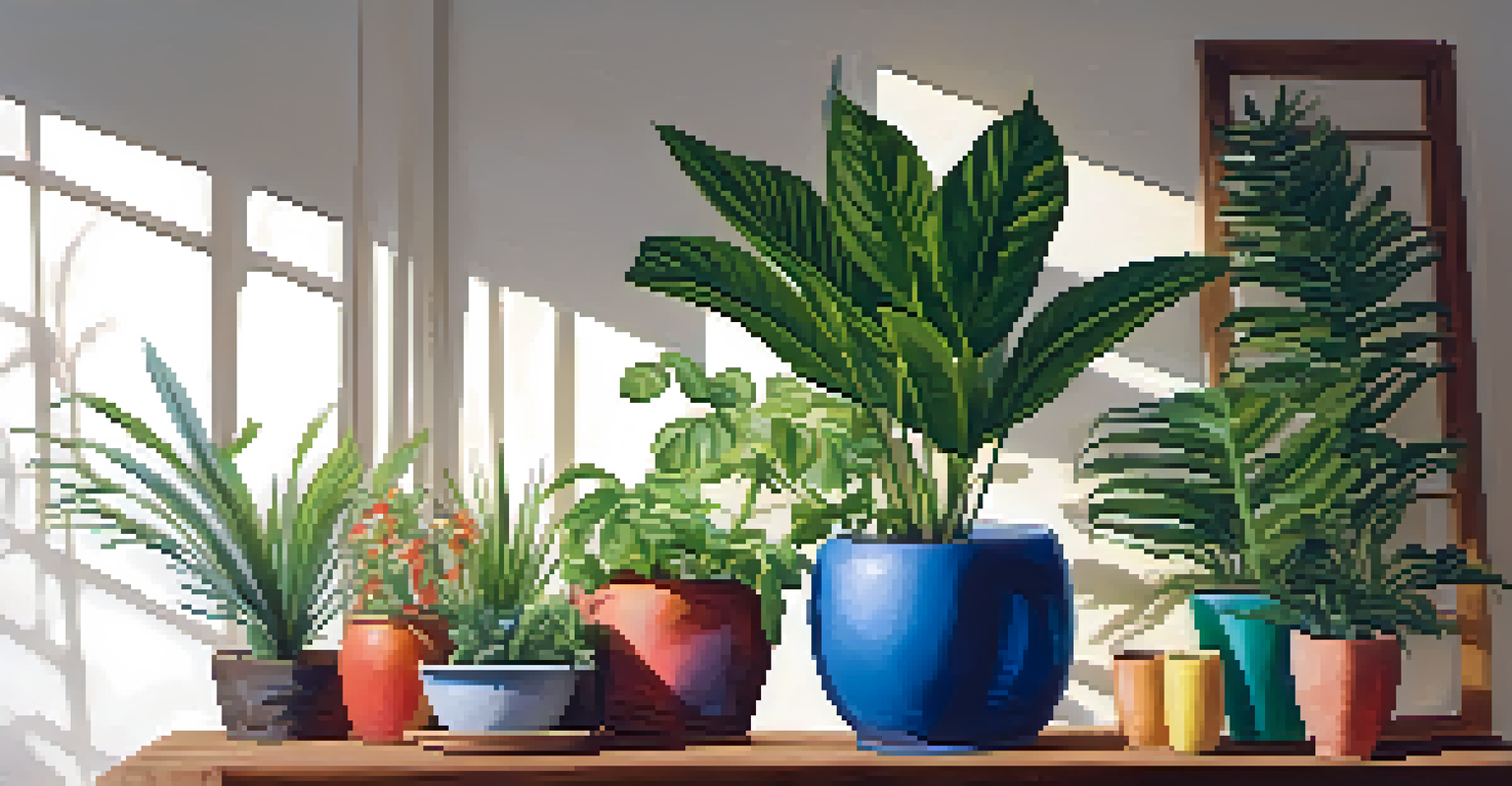 An indoor garden with various low light tropical plants on a rustic wooden table, surrounded by soft lighting.