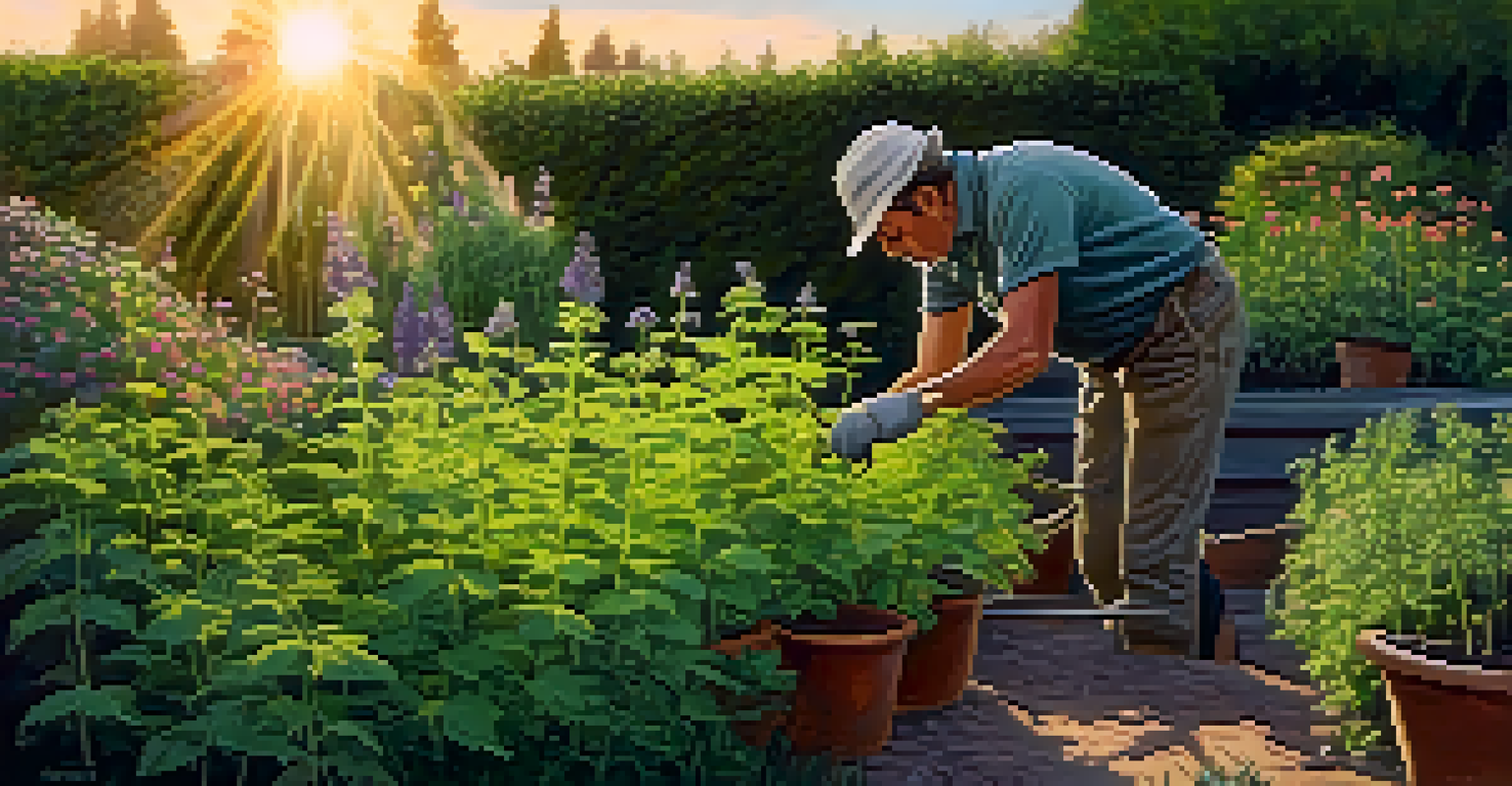 A herb garden with oregano plants, featuring a gardener pruning the leaves during sunset, with tools nearby.