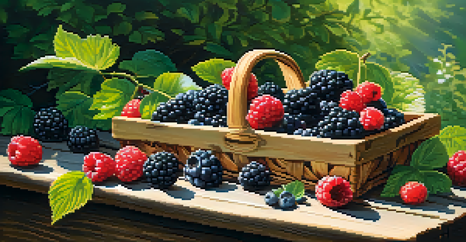 A rustic wooden basket filled with freshly foraged blackberries and blueberries on a picnic table surrounded by greenery and sunlight.