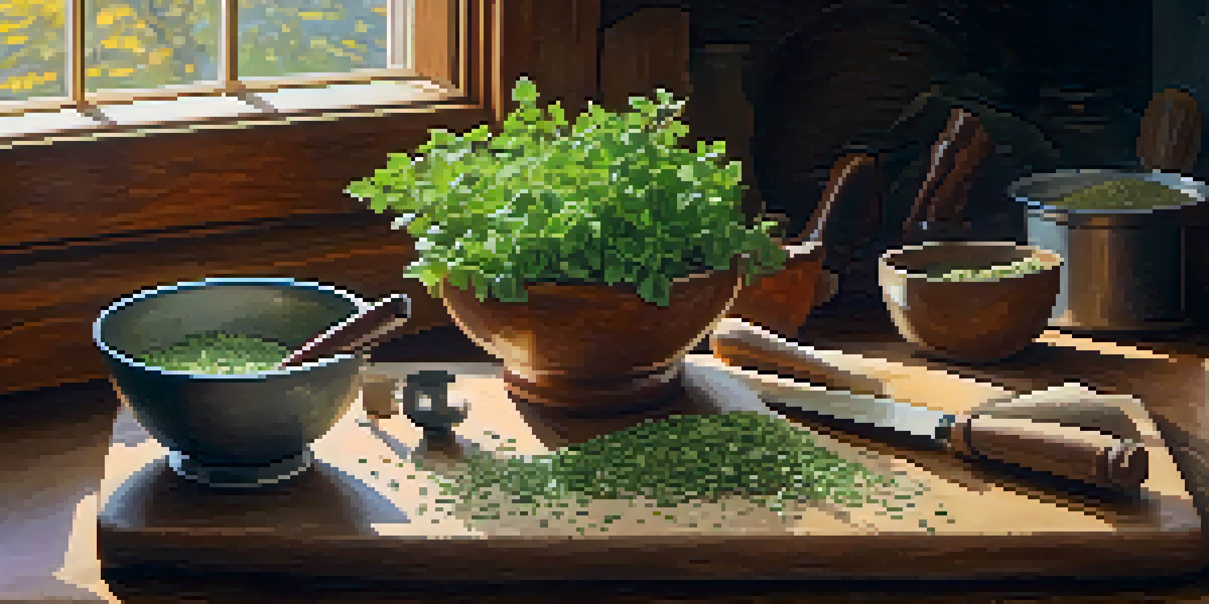 A kitchen setting featuring fresh oregano leaves on a cutting board, with a mortar and pestle and sunlight filtering through a window.