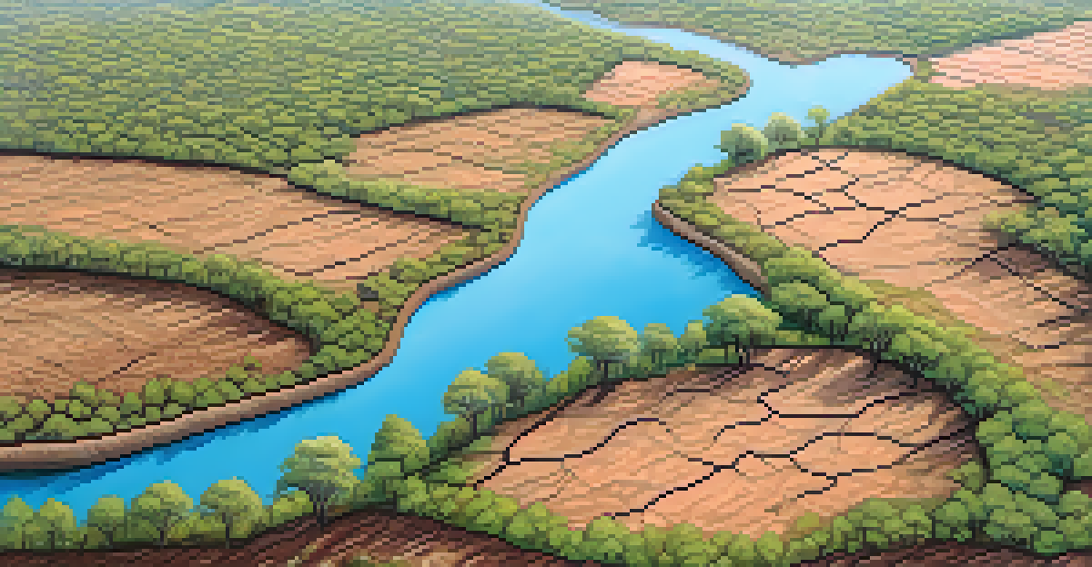 An aerial view showing the contrast between deforested land and a reforestation site with young trees, under a blue sky.