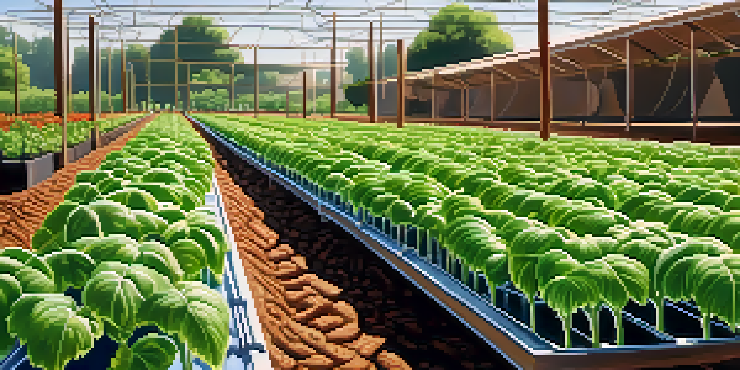 Close-up of a drip irrigation system in a vegetable garden with green plants and brown soil, illuminated by afternoon sunlight.