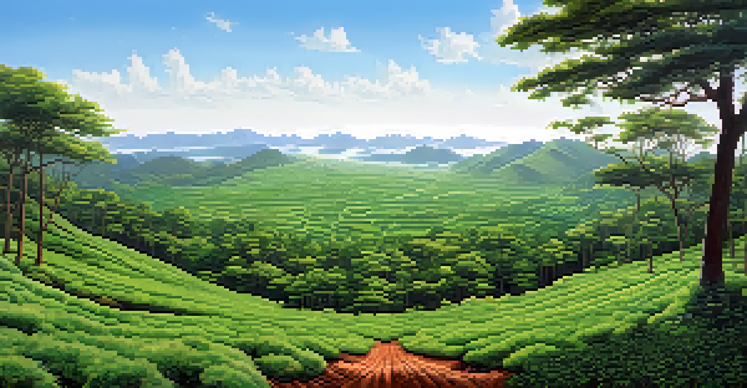 Panoramic view of a lush landscape showing a successful reforestation project with trees and shrubs.