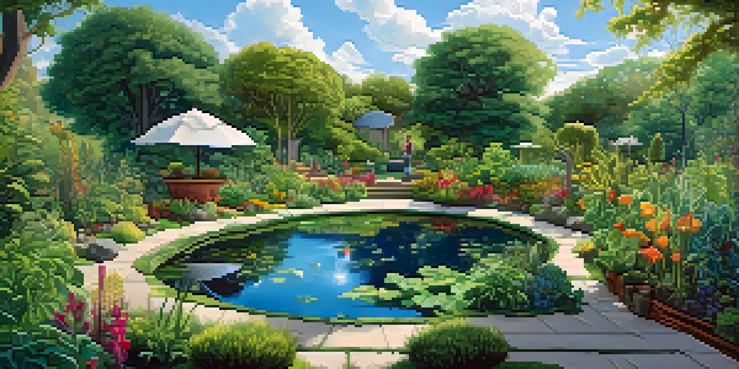 A vibrant and diverse permaculture garden with a gardener, plants, flowers, and a small pond under a sunny sky.