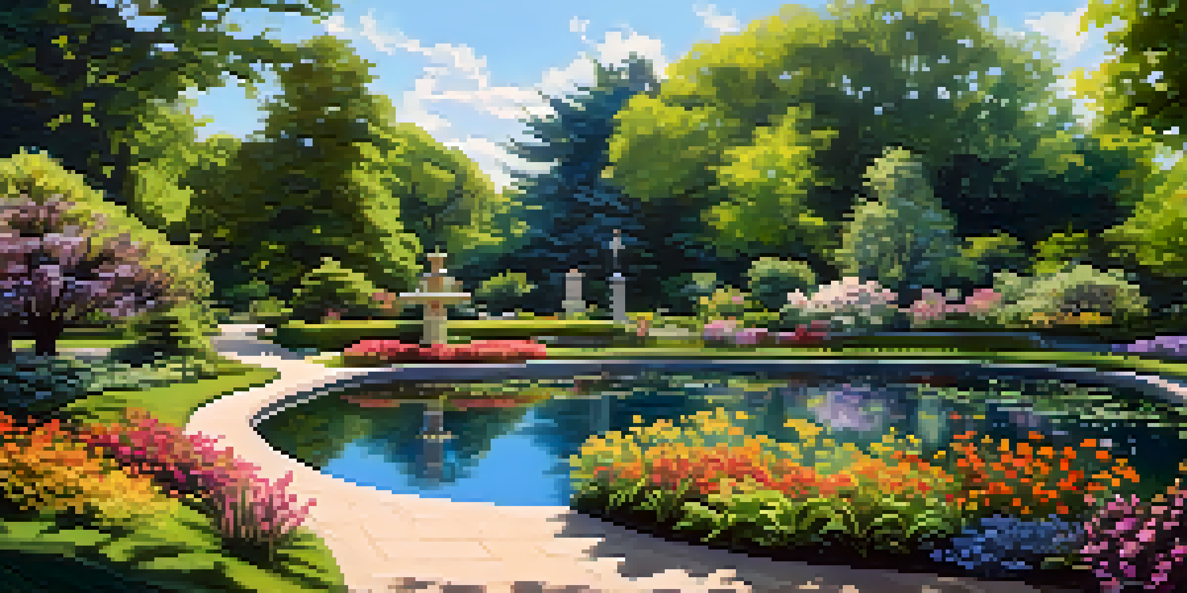 A vibrant botanical garden with colorful flowers, green plants, and a reflective pond under sunlight.