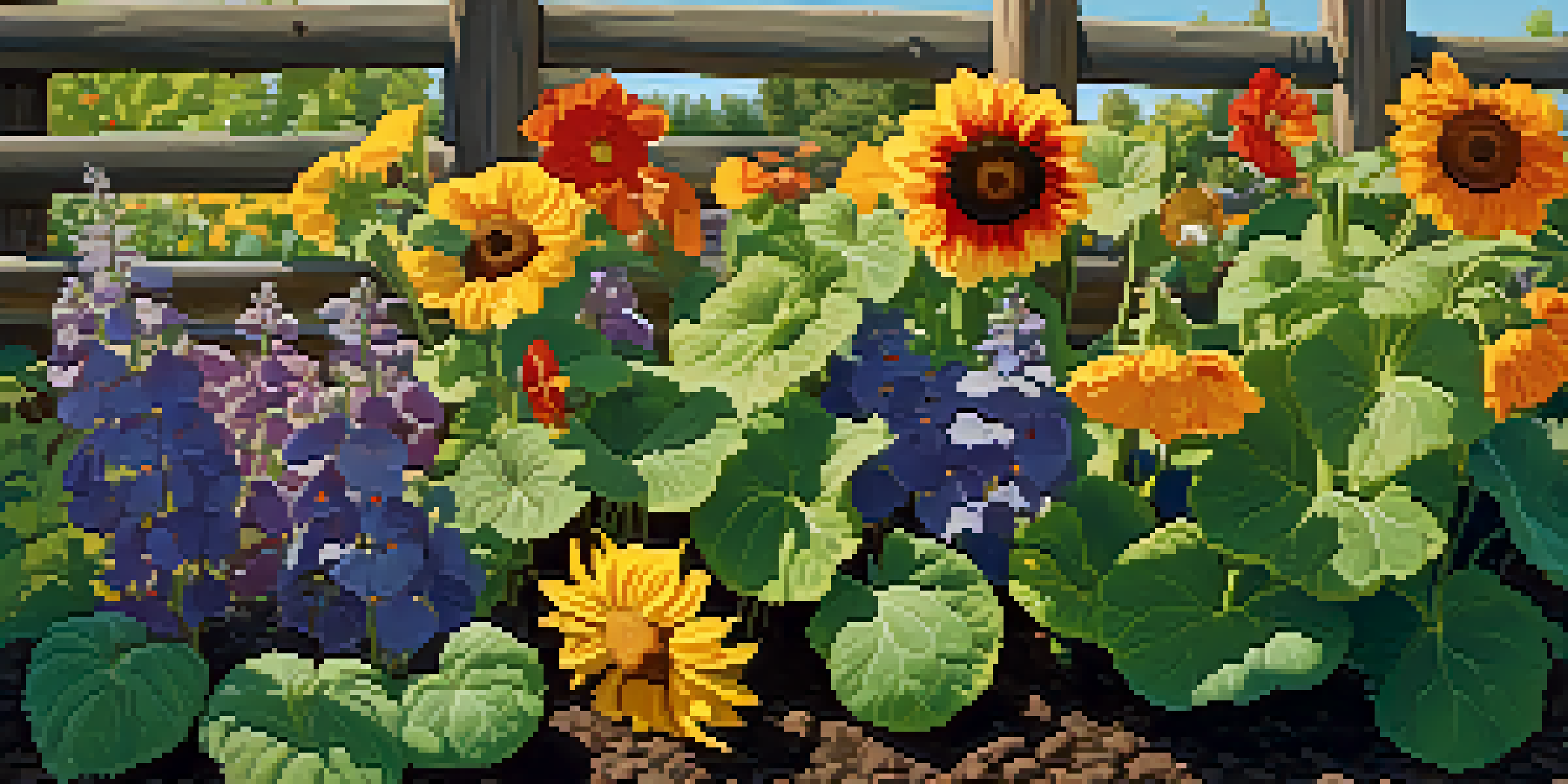 A colorful edible flower garden with various blooms including sunflowers and nasturtiums, sunlight filtering through the leaves and a rustic wooden fence in the background.