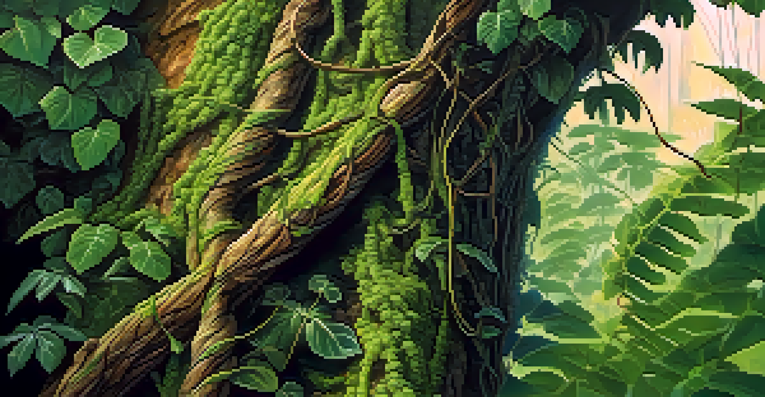 A close-up of a vine climbing a tree trunk in a tropical rainforest, with blurred greenery in the background.