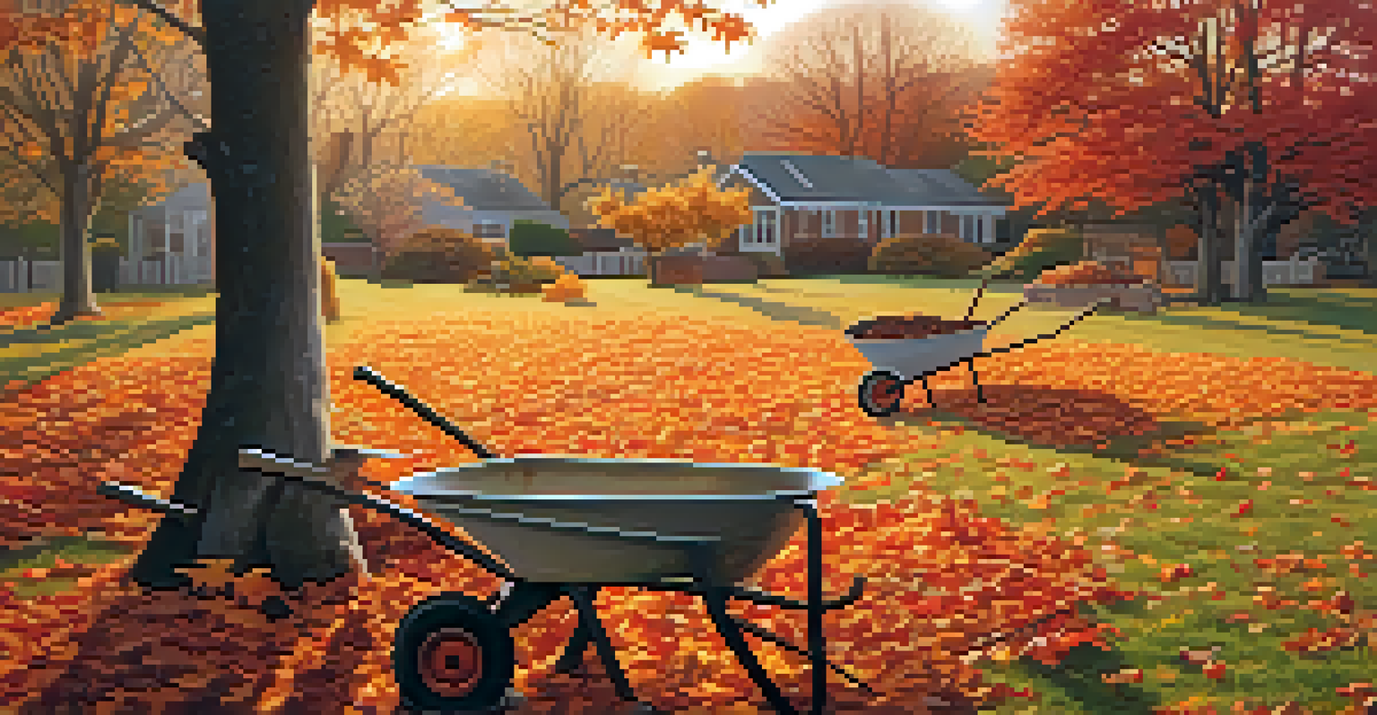 An autumn garden with colorful leaves falling from trees and a wheelbarrow filled with leaves under a golden sunset.