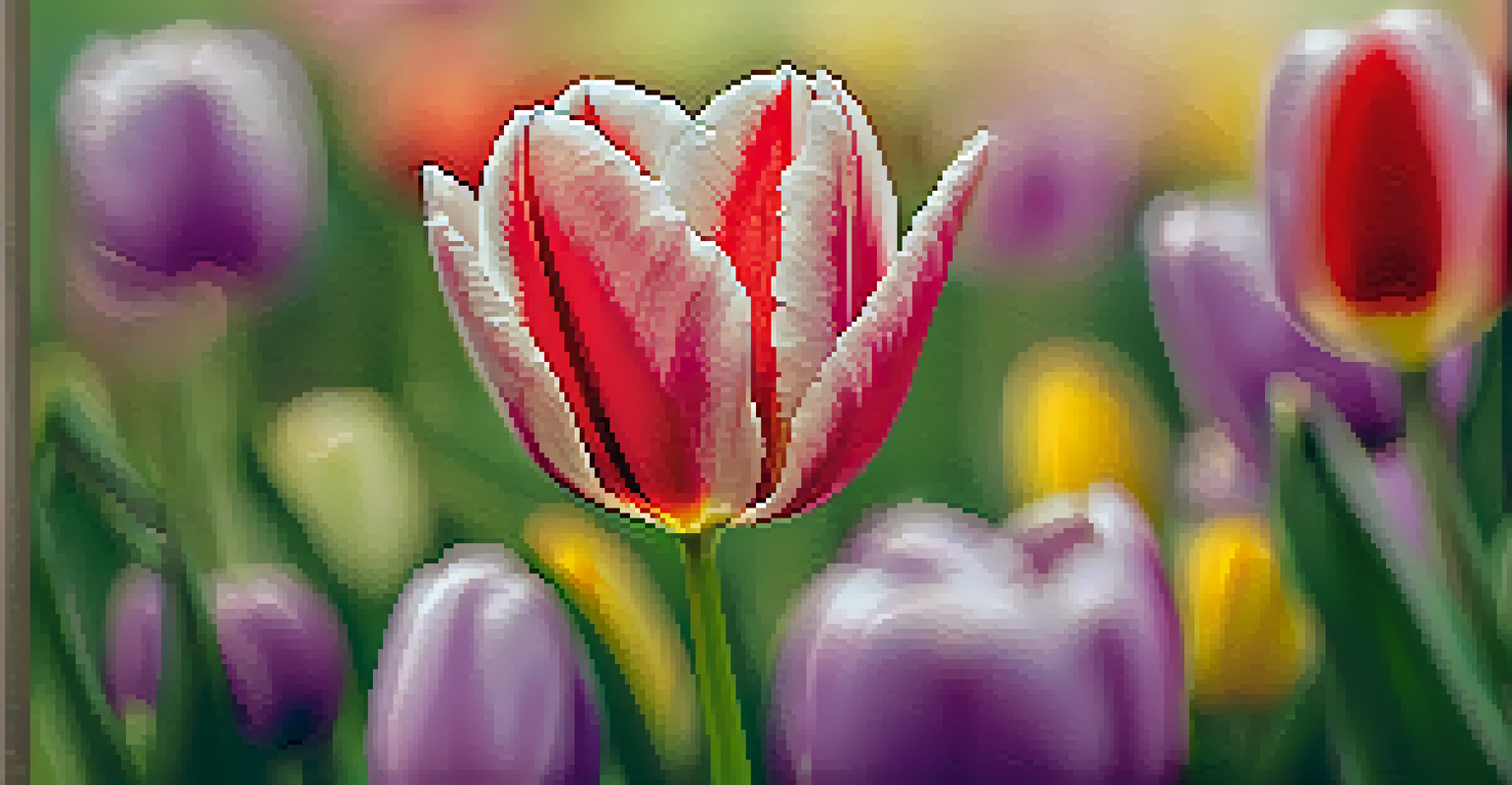 A close-up of a blooming tulip with vibrant colors and textures, featuring dewdrops illuminated by sunlight.