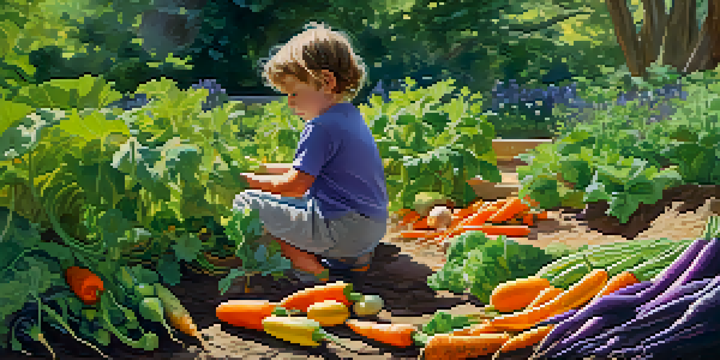 A sensory garden featuring colorful vegetables and a child exploring the plants.