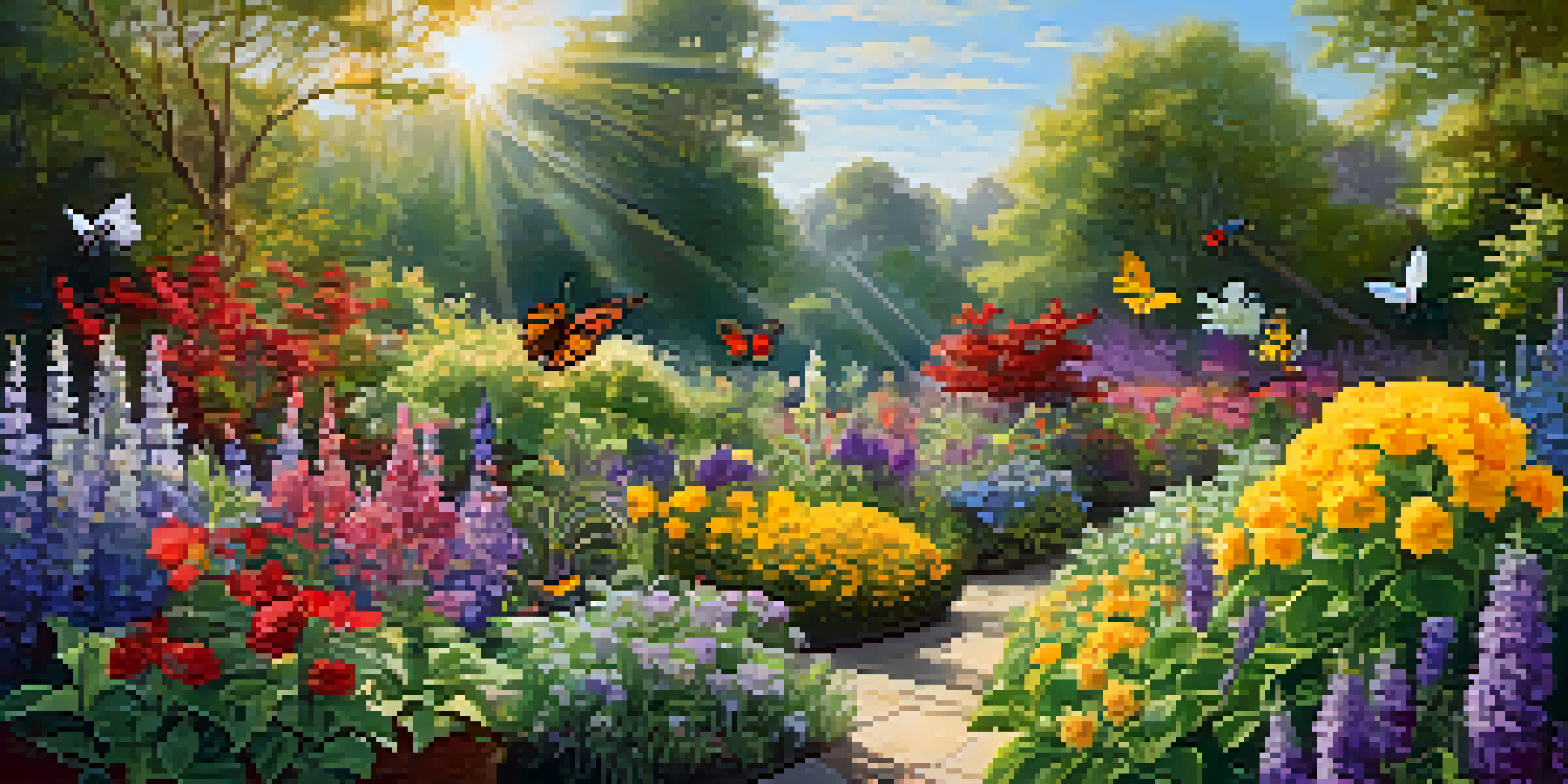 A colorful garden with blooming flowers, butterflies, and bees, with sunlight filtering through the leaves.