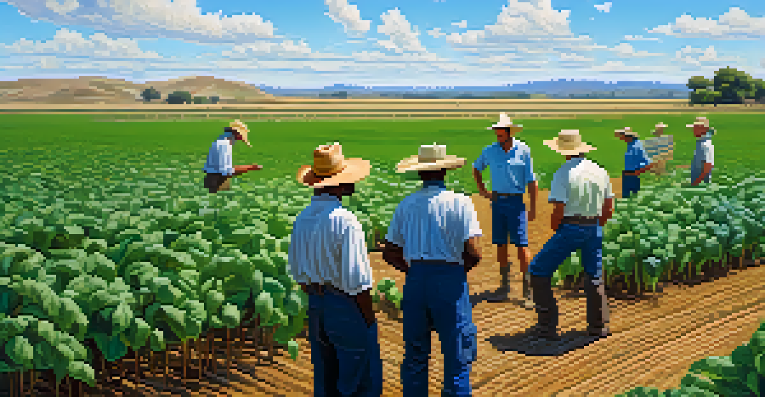 Farmers working in a vibrant field of drought-tolerant crops under a clear blue sky.