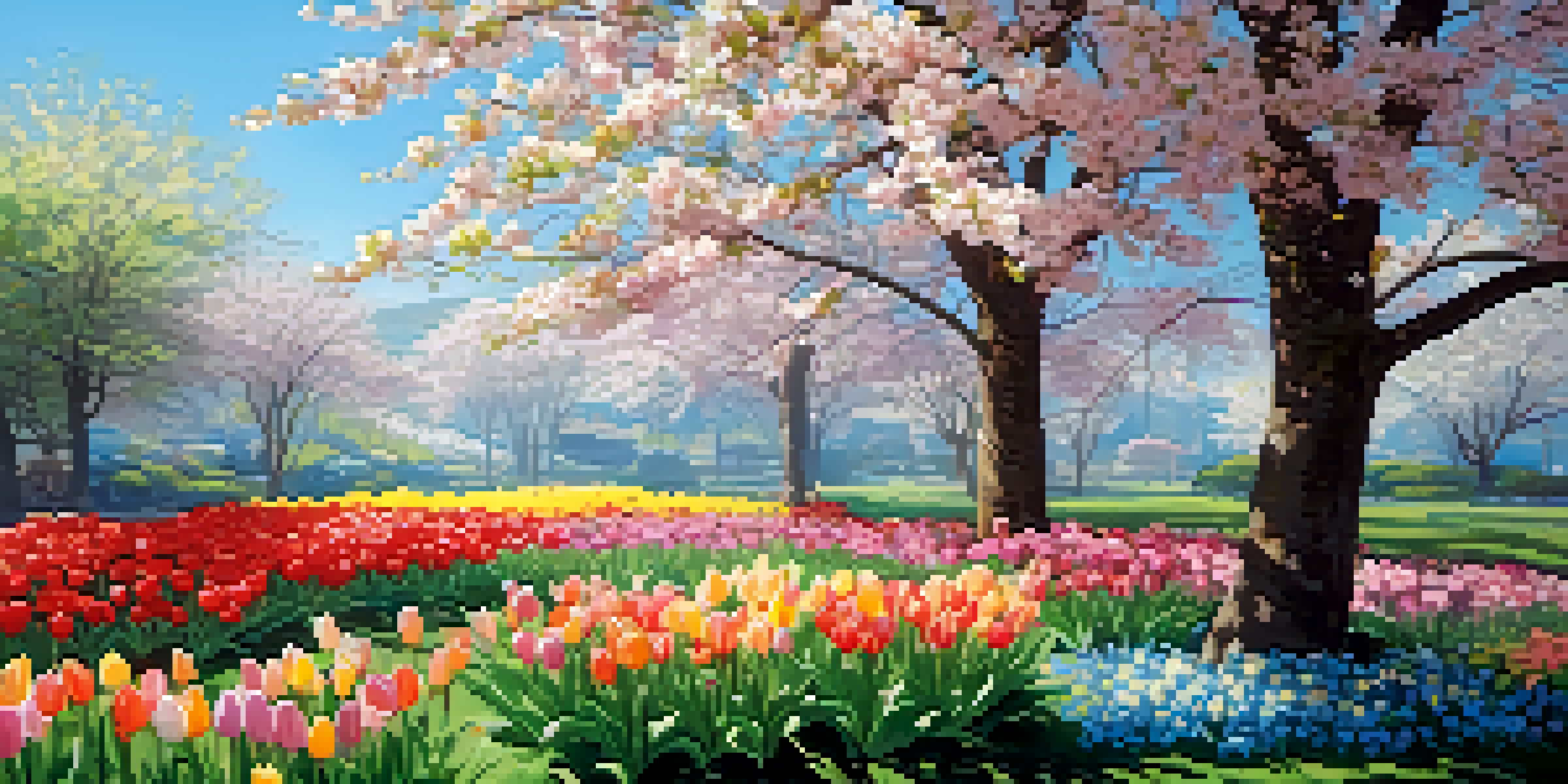 A lively spring garden showcasing blooming cherry blossoms and tulips under a clear blue sky, with green foliage surrounding the colorful flowers.