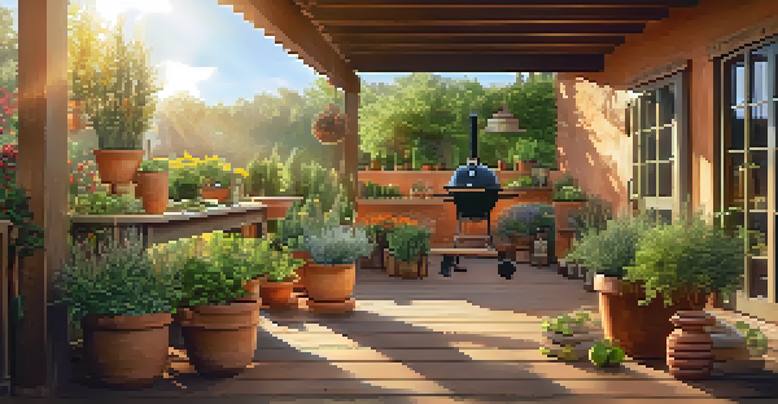 A summer herb garden with rosemary, thyme, and oregano in pots, alongside a grill and fresh vegetables in warm sunlight.