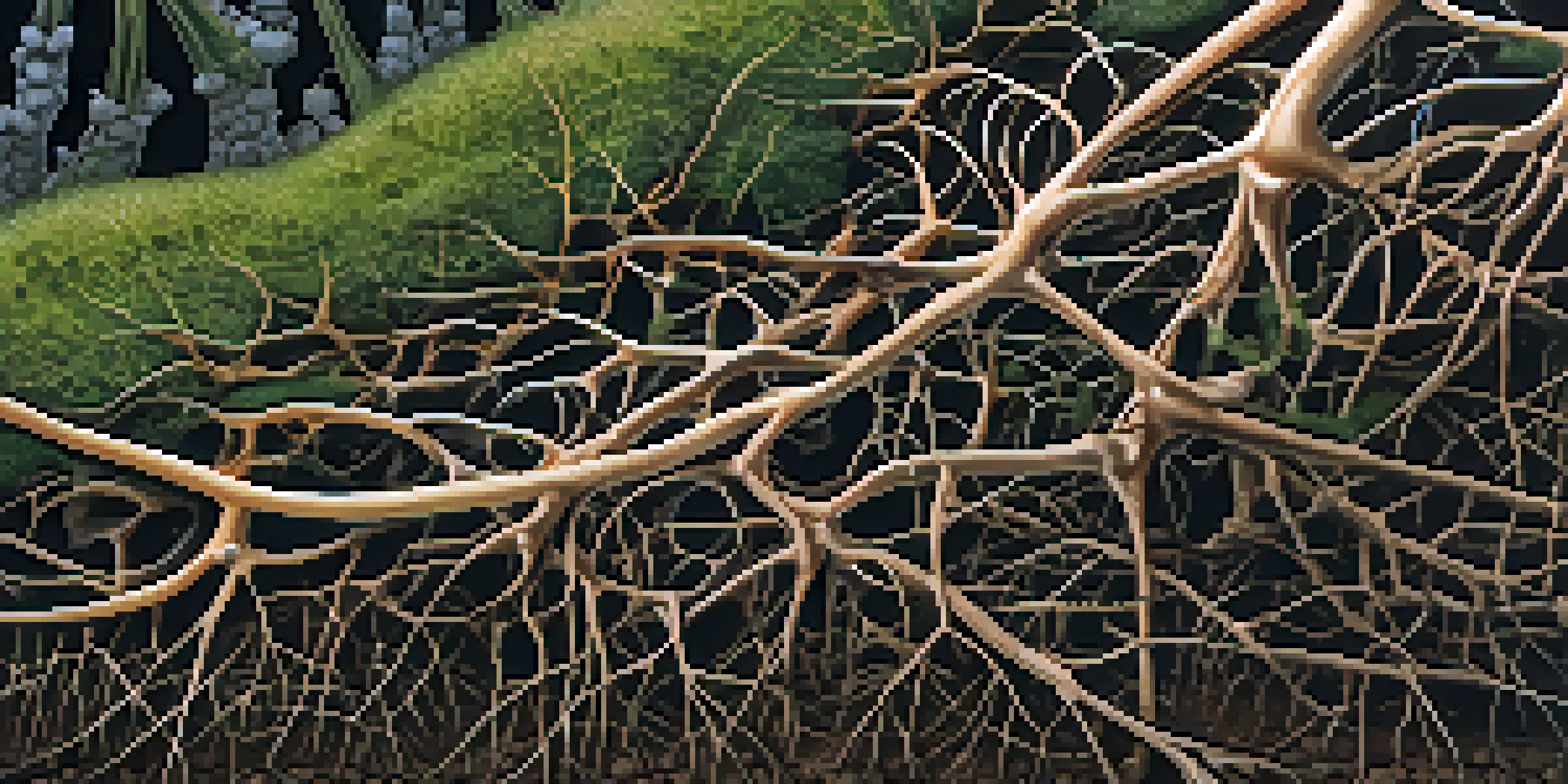 A close-up of plant roots with mycorrhizal fungi, showing their connection in rich soil under soft sunlight.
