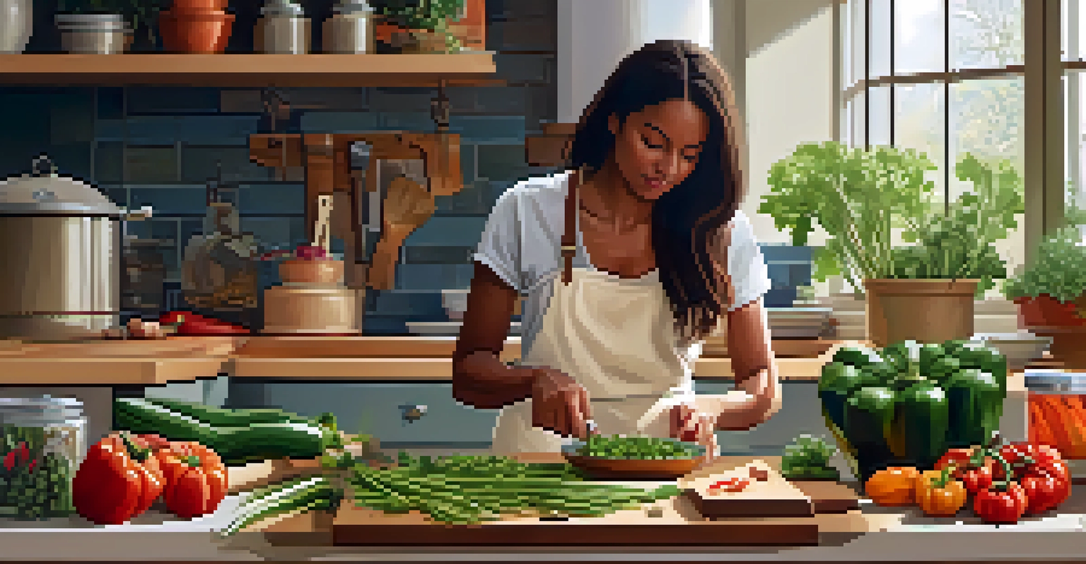 A person chopping fresh vegetables in a cozy kitchen setting, surrounded by colorful produce and jars of spices on a well-lit countertop.