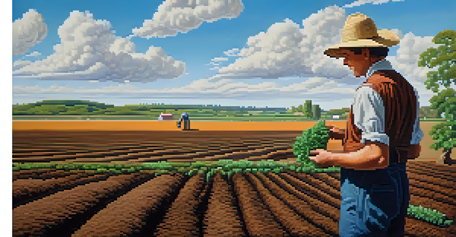 A farmer examining soil with a chart showing nitrogen levels in a clear outdoor setting.