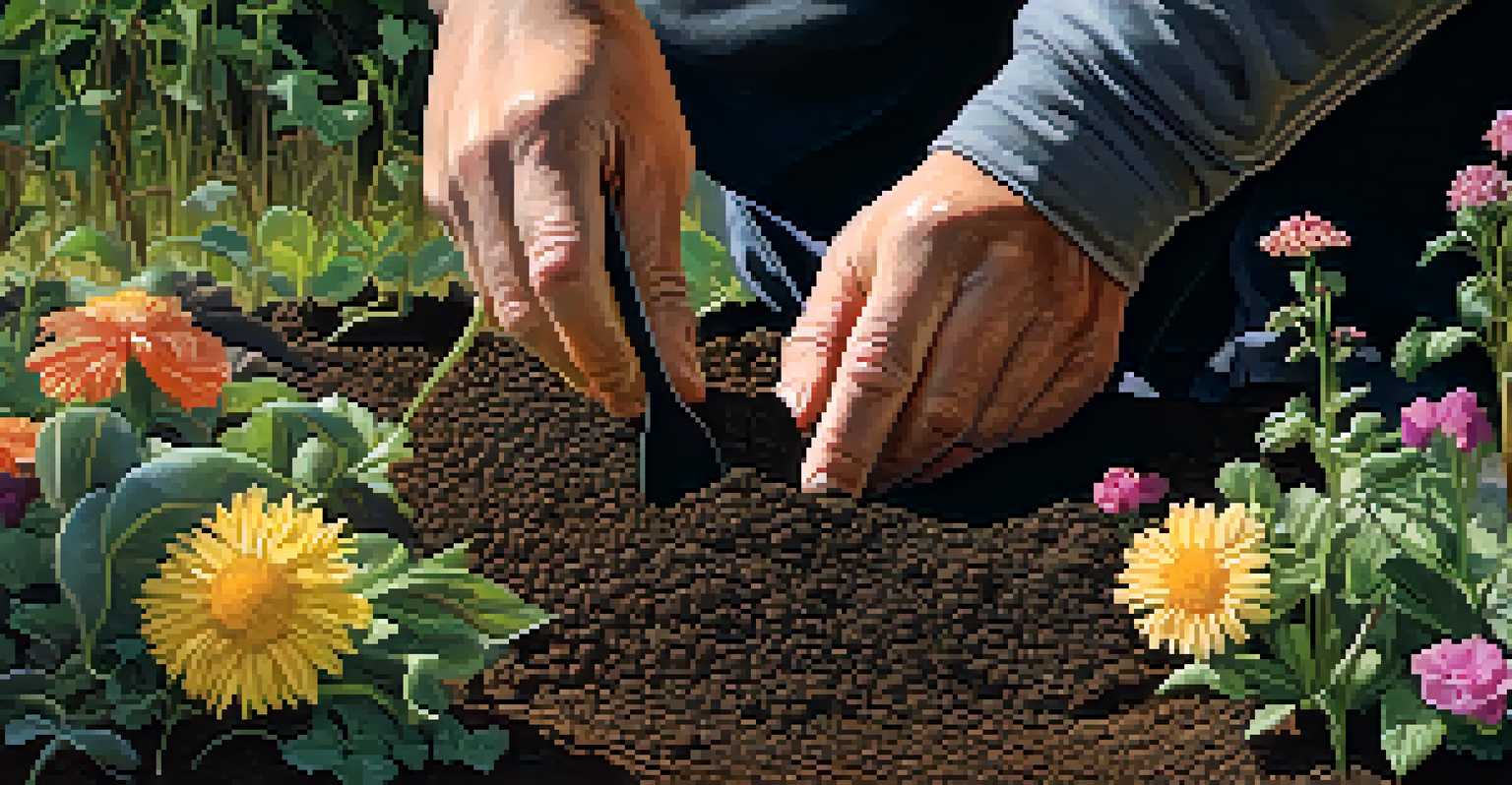 Close-up of hands mixing organic matter into dark soil with seedlings in a sunny garden.
