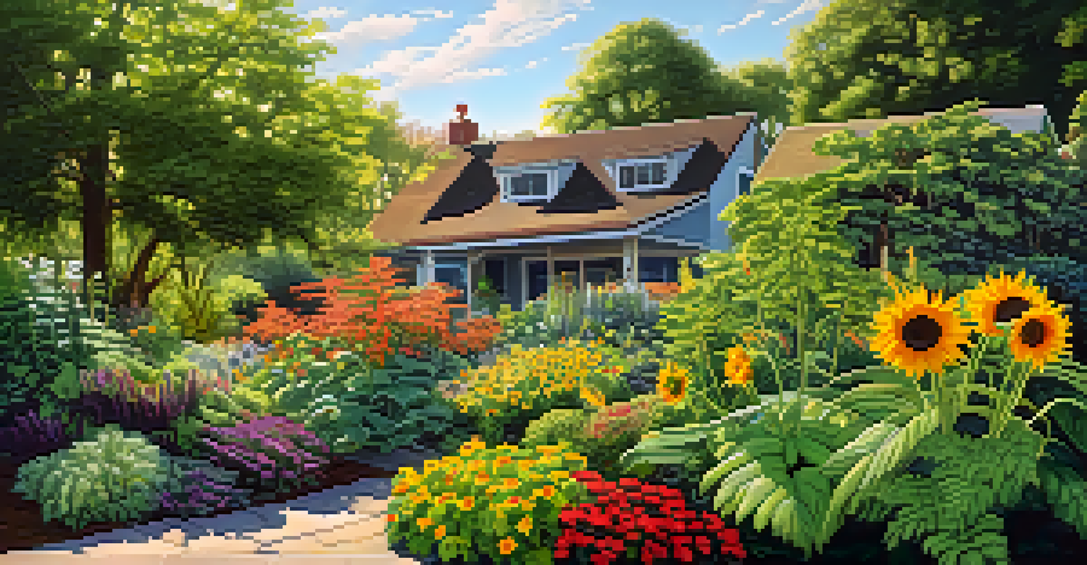 A colorful garden filled with ferns and sunflowers, showcasing different leaf shapes and vibrant colors.