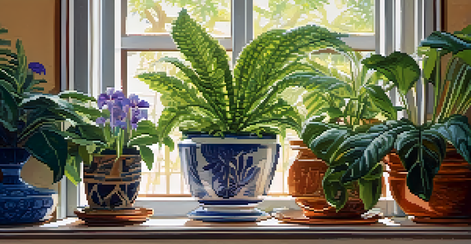 A bright indoor scene with various healthy indoor plants on a windowsill, illuminated by sunlight.