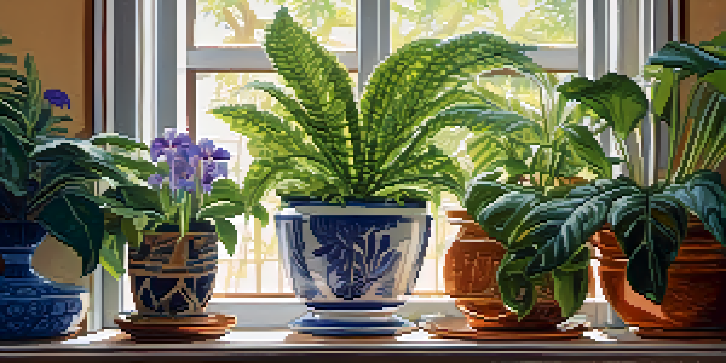A bright indoor scene with various healthy indoor plants on a windowsill, illuminated by sunlight.