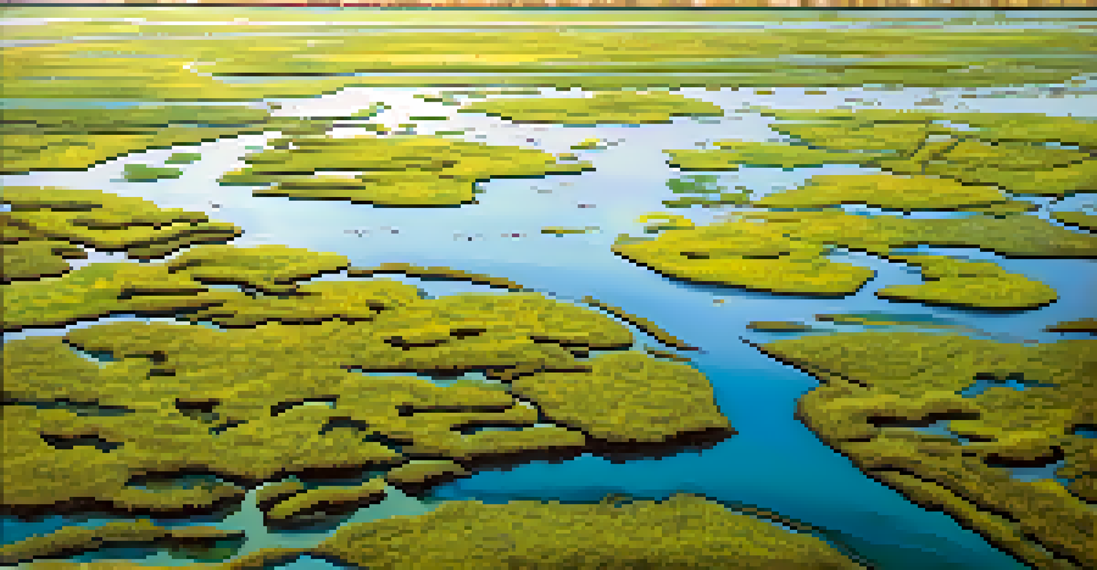 An aerial view of a vibrant wetland, showing water patterns and diverse vegetation, with birds wading through the shallow areas.