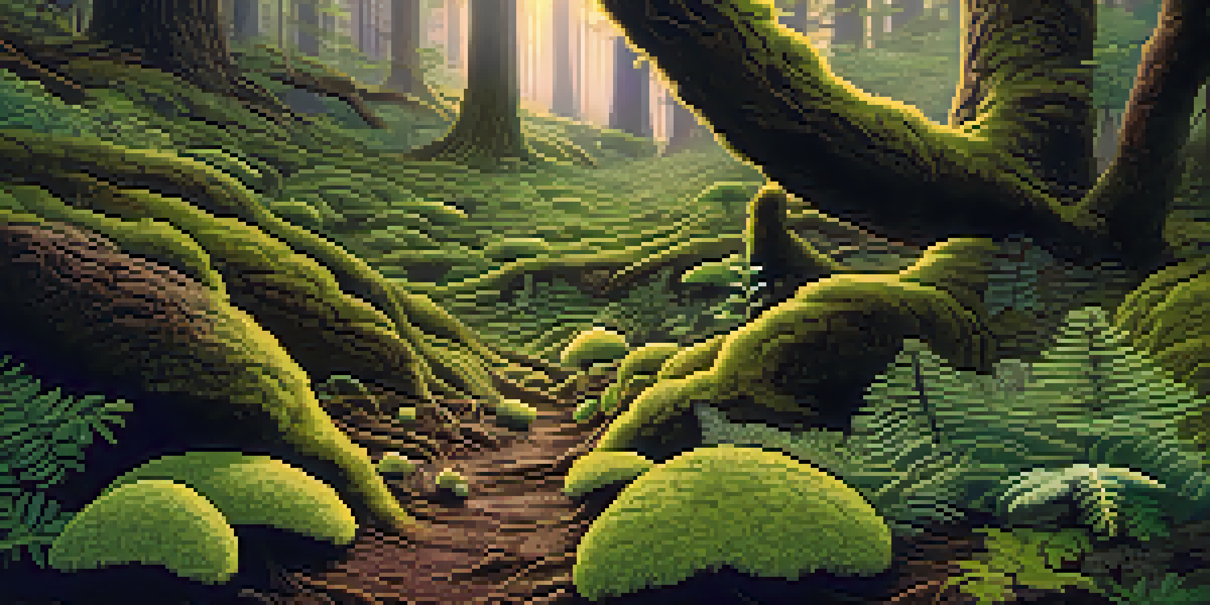 A close-up view of a forest floor with mycorrhizal fungi intertwining with tree roots, surrounded by ferns and mushrooms.