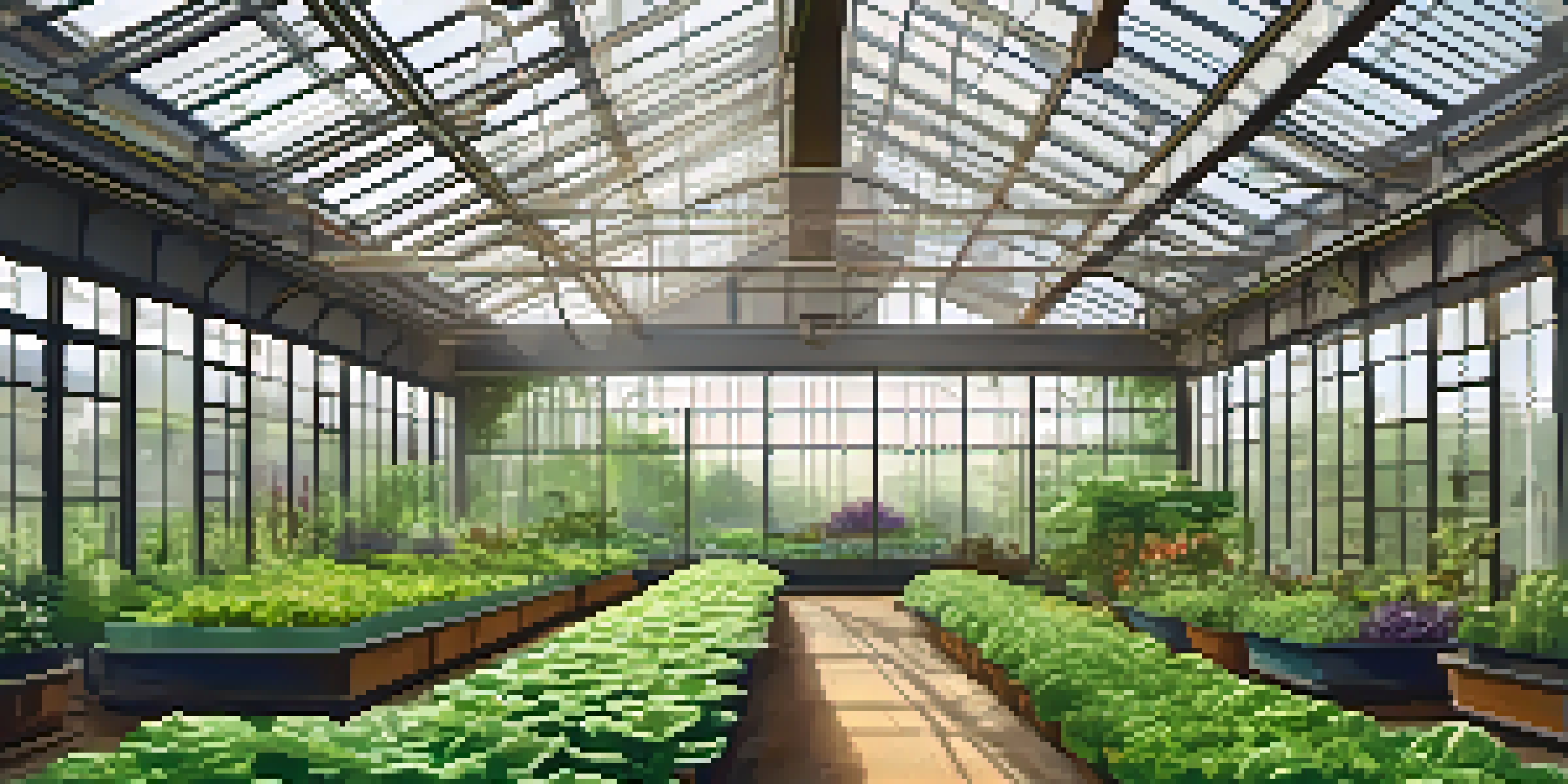 A hydroponic garden with various green plants growing vertically in a modern greenhouse, illuminated by soft natural light.
