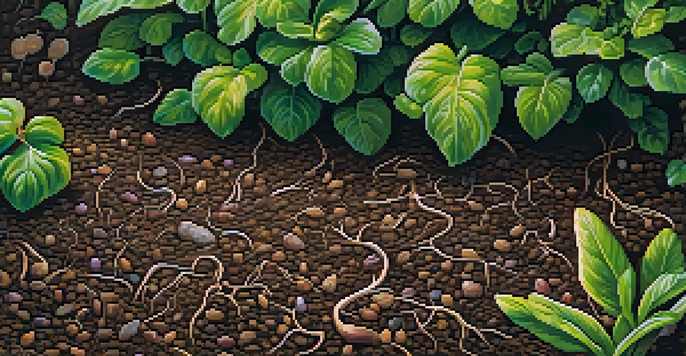 A close-up of healthy soil enriched with organic materials and earthworms, illuminated by dappled sunlight.