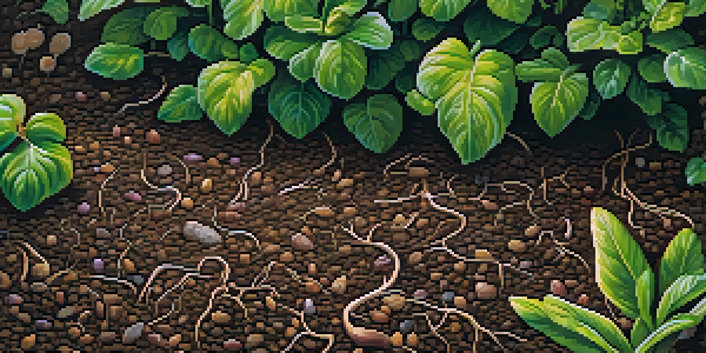 A close-up of healthy soil enriched with organic materials and earthworms, illuminated by dappled sunlight.