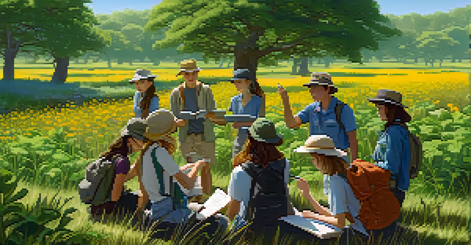 Students on a field trip observing different plant species in a beautiful natural habitat, guided by an instructor under a clear blue sky.
