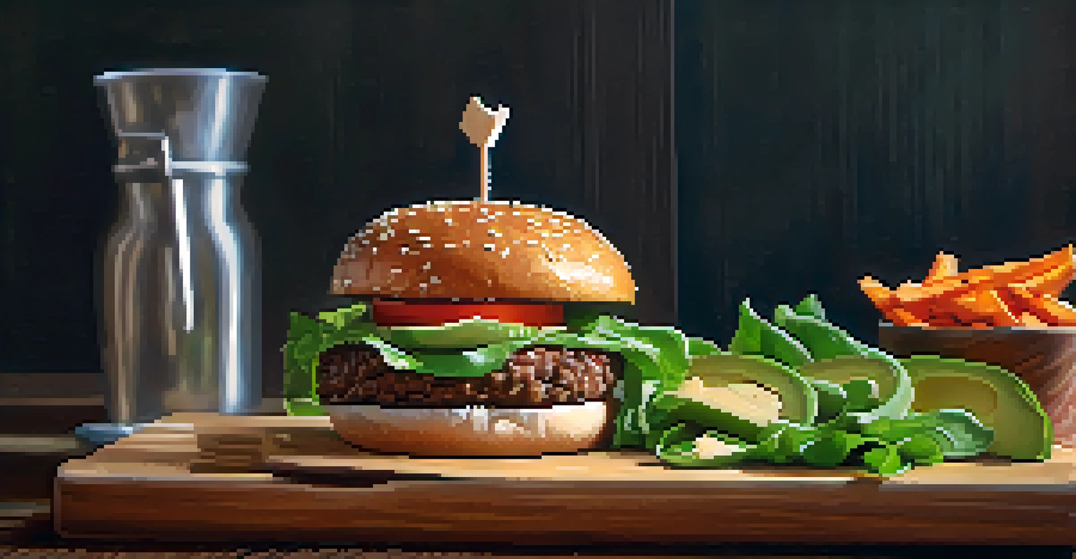 A close-up of a plant-based burger with toppings, served on a wooden cutting board with sweet potato fries.